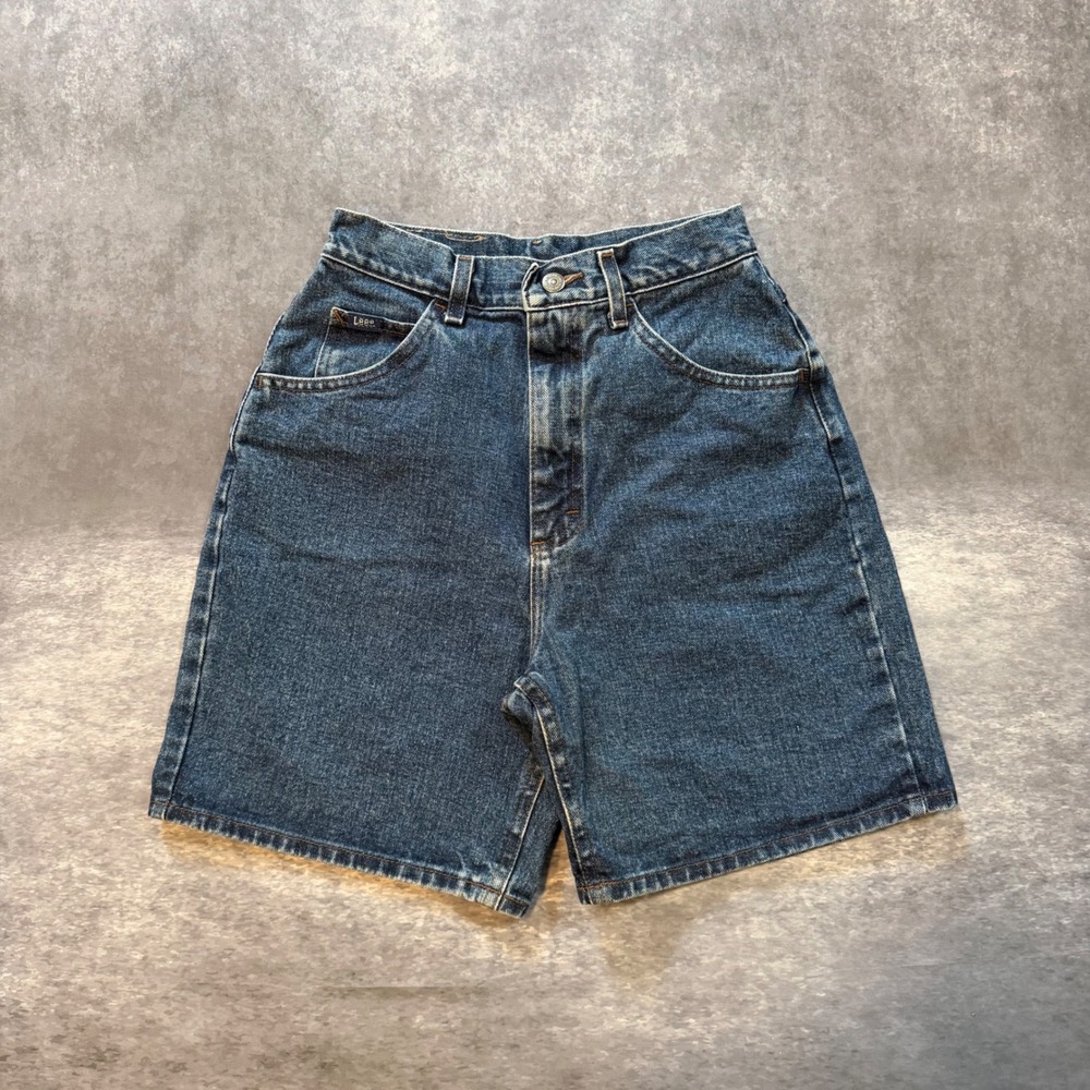 Vintage Lee High Waisted Denim Bermuda Shorts Womens 8 Long Dark Wash Mom Jorts